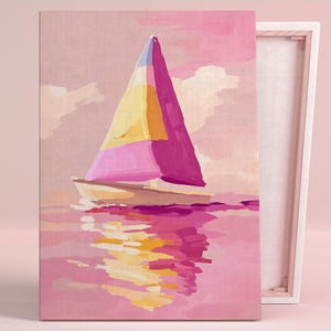 Sunset Sail Serenity Art Poster oder Leinwand Wandkunst für Küsten Wohnzimmer Moderne impressionistische bunte rosa Wandkunst Schlafzimmer Dekor
