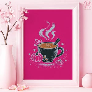Autumn Pumpkin Spice Comfort Kunst Poster oder Leinwand Wandkunst für die moderne Küche Vintage Whimsical Kaffeedruck Rosa Wandkunst Esszimmerdekor