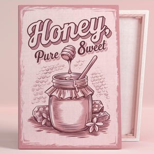 Honig rein süß Kunst Poster oder Leinwand Wandkunst Bauernhaus Küche Retro Floral Wabendruck Rosa Wandkunst Serie Rustikales Esszimmer Dekor