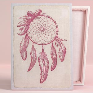 Póster de arte de serenidad con atrapasueños místico o lienzo para pared para dormitorio bohemio, elementos de diseño de naturaleza caprichosa, decoración de guardería con arte rosa