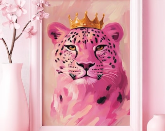 May include: A pink leopard with a gold crown on its head. The leopard is painted in a watercolour style with pink and black spots.