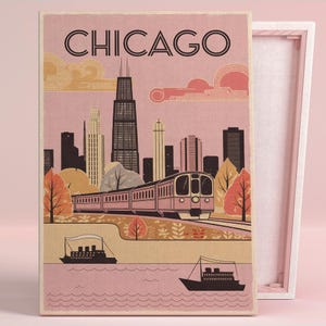 May include: A vintage-style illustration of the Chicago skyline with the word "CHICAGO" in bold letters at the top. The illustration features a train, boats, and a pink background with clouds.