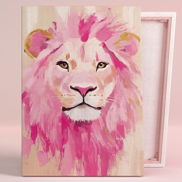 Majestic Pink Lion Portrait Art Poster or Canvas Wall Art for Modern Living Room Contemporary Gold Accents Pink Art Series Office Decor
