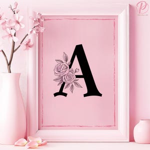 Póster artístico con monograma floral y letra A o lienzo para pared para dormitorio moderno, diseño botánico minimalista, serie de arte rosa, decoración de guardería
