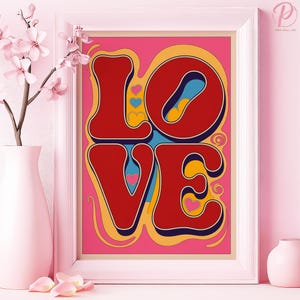 Cartas de amor Tipografia Pop Art Pôster ou Tela Arte de parede Sala de estar moderna de meados do século Impressão retrô caprichosa Série de arte rosa Decoração de quarto