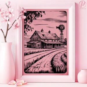 Rustikales Bauernhaus Serenity Kunst Poster oder Leinwand Wandkunst für Land Wohnzimmer Vintage Natur Illustration Rosa Kunst Esszimmer Dekor