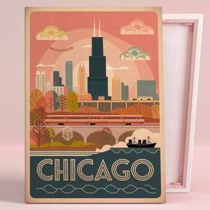 May include: A vintage-style illustration of the Chicago skyline with a train and a boat in the foreground. The illustration is in a muted color palette with a pink sky and green trees. The text "CHICAGO" is in large, bold letters at the bottom of the image.