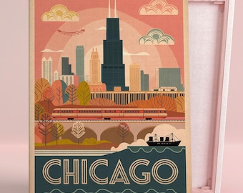 May include: A vintage-style illustration of the Chicago skyline with a train and a boat in the foreground. The illustration is in a muted colour palette with a pink sky and green trees. The text "CHICAGO" is in large, bold letters at the bottom of the image.