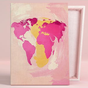 Affiche d'art artistique de carte du monde vibrante ou oeuvre d'art mural en toile Bureau moderne minimaliste couleurs audacieuses Art mural rose décoration de salon contemporaine