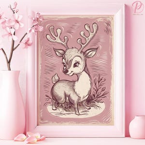 Pôster de arte de rena da floresta encantada ou arte de parede em tela para berçário chique e decadente, série de arte de parede rosa extravagante vintage, decoração de quarto infantil