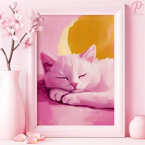 Póster artístico o lienzo con diseño minimalista de gato soñoliento y dulces sueños para pared de guardería moderna, serie de arte rosa, decoración contemporánea para dormitorio