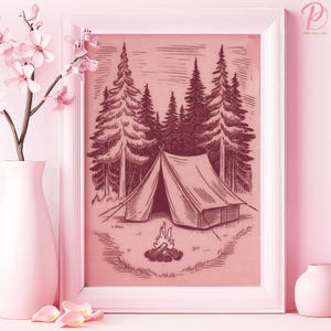Wilderness Camp Serenity Art Poster oder Leinwand Wandkunst für Rustikale Wohnzimmer Natur Vintage Line Art Rosa Wand Kunst Bauernhaus Schlafzimmer Dekor