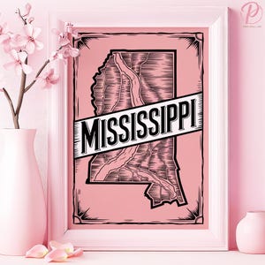 Affiche d'art Mississippi State Lines ou oeuvre d'art murale en toile pour salon moderne gravure sur bois vintage Design impression Art rose, décoration de bureau industrielle