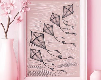 Aufsteigende Drachen im Wind Art Poster oder Leinwand Wandkunst für modernes Wohnzimmer Minimalistische wunderliche Line Art Pink Wall Art Serie Schlafzimmer Dekor