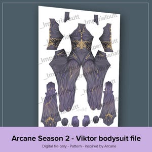 Op de afbeelding: Een digitaal patroon voor een paars en gouden bodysuit geïnspireerd op het personage Viktor uit de show Arcane. Het patroon bevat meerdere stukken voor het lichaam, de armen en de handen.