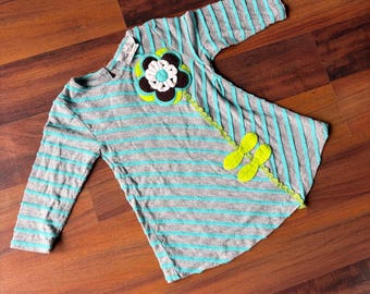 Rare Edition Girls Grey Turquoise Striped Tunic Top 3D Flower Applique Whimsical