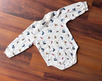 Vintage OshKosh Bgosh 12M Western Cowboy Print Long Sleeve Bodysuit Cream 90s