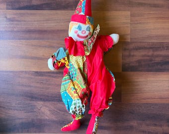 Vintage N.C. Blind Craftsmen Handmade Cloth Clown Doll Red Patchwork Folk Art