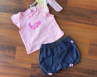 Vintage y2k Sesame Beginnings Baby Girl 2pc Pink Top Denim Bloomers Set 3-6M NWT