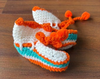 1998 Hand Crocheted Baby Booties White Orange Teal Miami Dolphins NFL