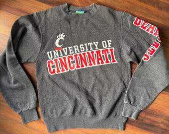 Felpa girocollo vintage dell'Università di Cincinnati Bearcats, taglia XS, grigio scuro.