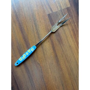 Vintage Japan Stainless Steel Cold Meat Fork Blue Daisy Floral Retro MCM 2-Tine