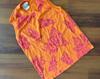 Vintage Beverly Hills Blues Orange Pink Hibiscus Muscle Tee Tank Top Womens ML