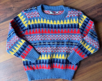 Vintage Garan Kids 4T Fair Isle Sweater Blue Red Yellow Geometric Knit USA Made