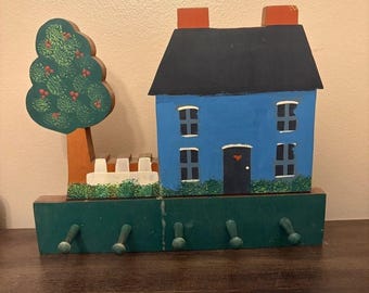 Bratton's Woodcraft Handmade Wooden Wall Key Rack Blue House Folk Art 5 Pegs