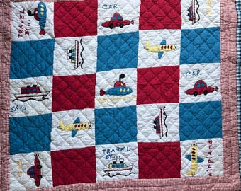 Vintage Transportation Patchwork Quilt Red Blue Gingham Car Plane Ship 46x52