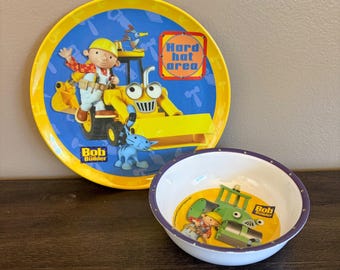 Vintage 2001 Bob the Builder Melamine Plate and Bowl Set Yellow Blue Kids Dishes