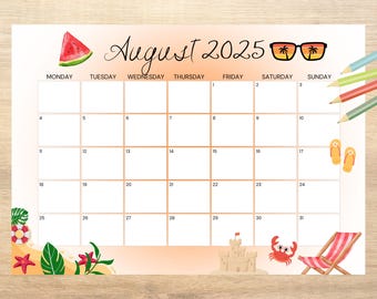 August 2025 Calendar, Notes, August Planner, PDFs, Journaling, Summer Vibe, Instant Download