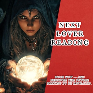 Puede incluir: Imagen de una mujer con ojos verdes, con una capucha oscura y joyas, sosteniendo una bola de cristal brillante. Se muestra el texto "NEXT LOVER READING", junto con la frase "BOOK NOW - AND DISCOVER THE FUTURE WAITING TO BE REVEALED."