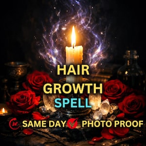 Puede incluir: Una vela encendida con el texto "HAIR GROWTH SPELL" está rodeada de rosas rojas y cristales. La imagen tiene un tema oscuro y místico con un aura brillante y el texto "SAME DAY PHOTO PROOF".