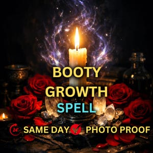 May include: An image featuring a lit candle with the words "BOOTY GROWTH SPELL" in yellow and blue. Red roses and crystals surround the candle, with a dark, mystical background. The text "SAME DAY PHOTO PROOF" is also visible.