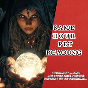 May include: An image featuring a woman with green eyes, wearing a dark hood and jewelry, holding a glowing crystal ball. Text on the image reads "SAME HOUR PET READING" and "BOOK NOW - AND DISCOVER THE FUTURE WAITING TO BE REVEALED."