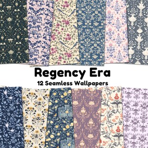 May include: Twelve seamless digital wallpaper patterns in a Regency Era style. The patterns feature floral designs, birds, and geometric shapes in a variety of colors, including blue, pink, yellow, and green.