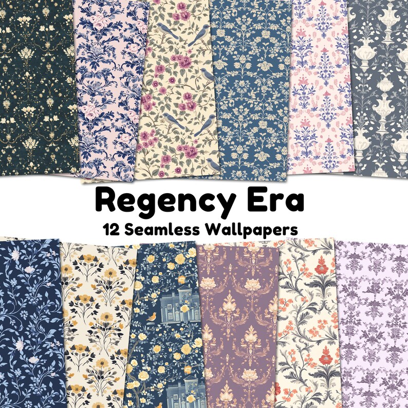 May include: Twelve seamless digital wallpaper patterns in a Regency Era style. The patterns feature floral designs, birds, and geometric shapes in a variety of colors, including blue, pink, yellow, and green.
