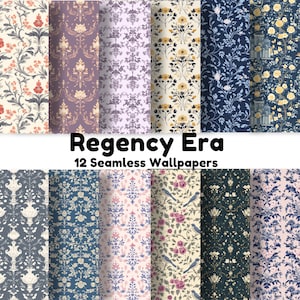 May include: Twelve seamless digital wallpaper patterns in a Regency Era style. The patterns feature floral designs, birds, and geometric shapes in a variety of colors, including blue, pink, yellow, and green.