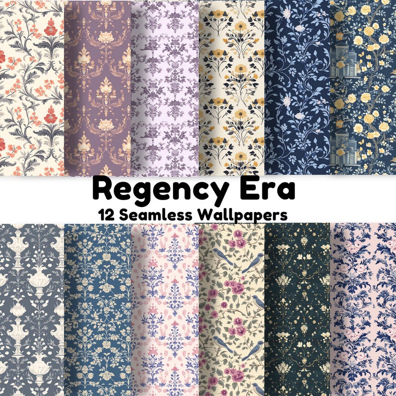 May include: Twelve seamless digital wallpaper patterns in a Regency Era style. The patterns feature floral designs, birds, and geometric shapes in a variety of colors, including blue, pink, yellow, and green.