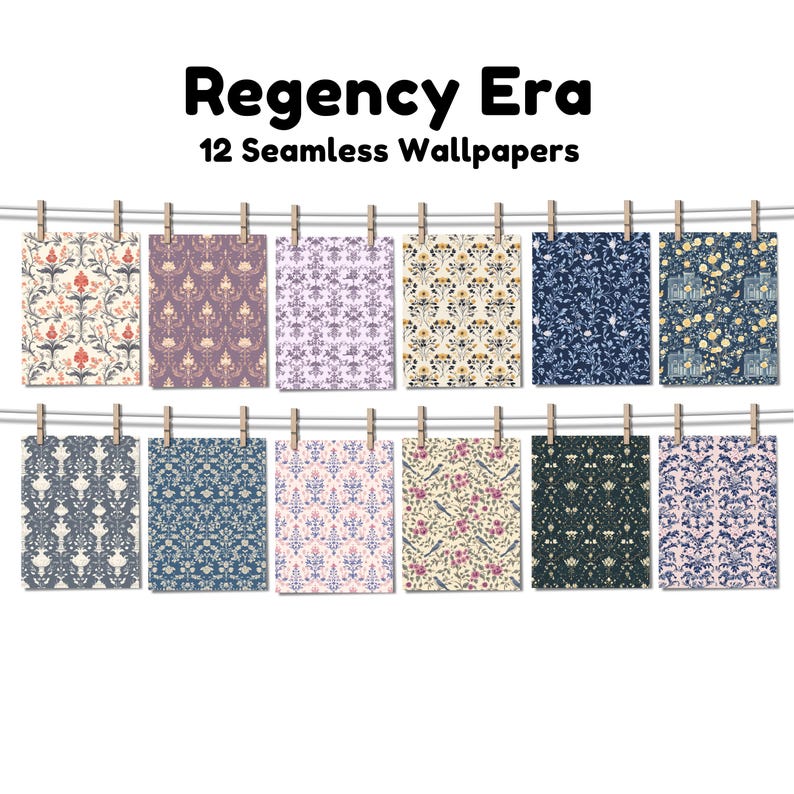 May include: Twelve digital seamless wallpaper patterns in a Regency Era style. The patterns feature floral, geometric, and damask designs in various colors, including blue, pink, yellow, and green.