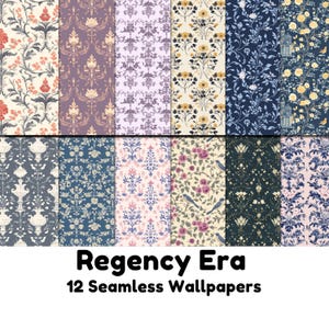 May include: Twelve seamless digital wallpaper patterns in a Regency Era style. The patterns feature floral designs, birds, and geometric shapes in a variety of colors, including blue, pink, yellow, and gray.