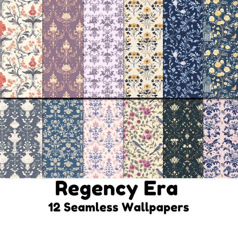 May include: Twelve seamless digital wallpaper patterns in a Regency Era style. The patterns feature floral designs, birds, and geometric shapes in a variety of colors, including blue, pink, yellow, and gray.