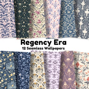 May include: Twelve digital seamless wallpaper patterns in a Regency Era style. The patterns feature floral designs, birds, and geometric shapes in shades of blue, pink, yellow, and green.