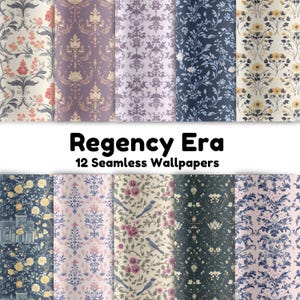 May include: Twelve seamless digital wallpaper patterns in a Regency Era style. The patterns feature floral designs, birds, and geometric shapes in a variety of colors, including pink, blue, yellow, and green.