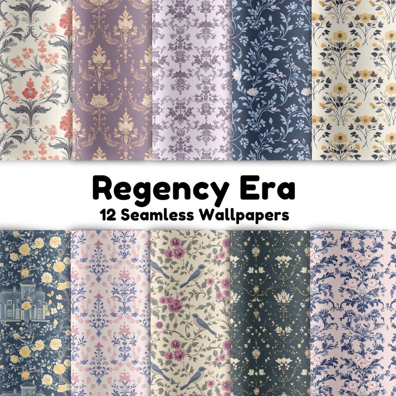 May include: Twelve seamless digital wallpaper patterns in a Regency Era style. The patterns feature floral designs, birds, and geometric shapes in a variety of colors, including pink, blue, yellow, and green.
