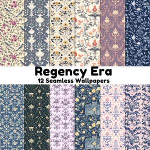 May include: Twelve seamless digital wallpaper patterns in a Regency Era style. The patterns feature floral designs, birds, and architectural elements in a variety of colors, including blue, pink, yellow, and green.