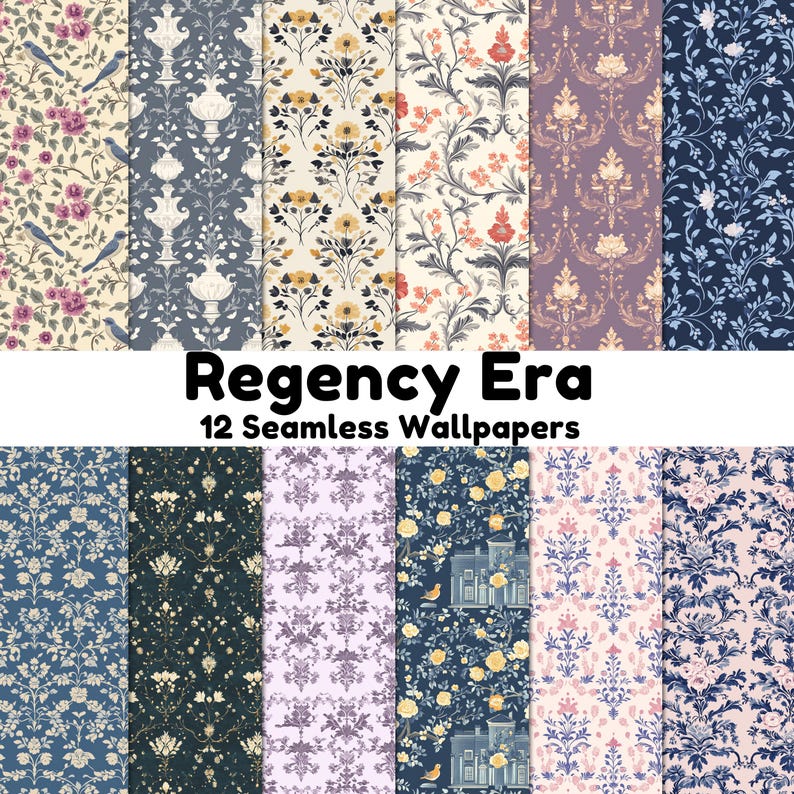 May include: Twelve seamless digital wallpaper patterns in a Regency Era style. The patterns feature floral designs, birds, and architectural elements in a variety of colors, including blue, pink, yellow, and green.
