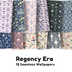May include: Twelve digital seamless wallpaper patterns in a Regency Era style. The patterns feature floral designs, birds, and geometric shapes in a variety of colors, including blue, pink, yellow, and green.