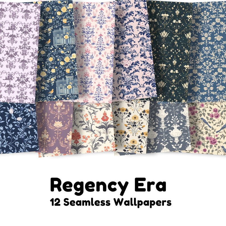 May include: Twelve digital seamless wallpaper patterns in a Regency Era style. The patterns feature floral designs, birds, and geometric shapes in a variety of colors, including blue, pink, yellow, and green.